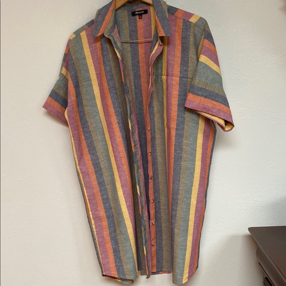Madewell Multicolor Striped Button-Front Shirt Dress — Pink, Yellow, Gray